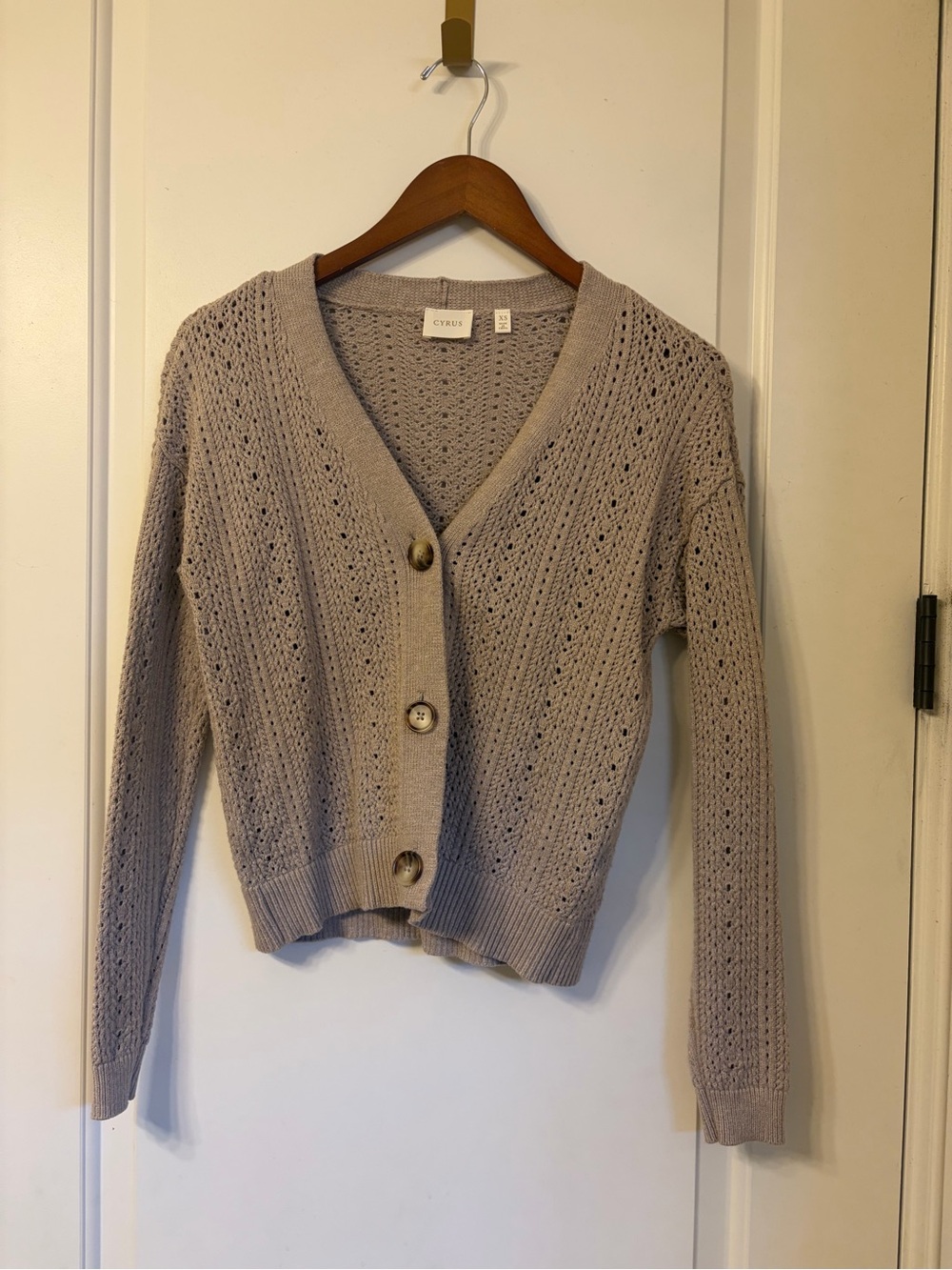 Cyrus Beige Open-Knit Button Front Cardigan